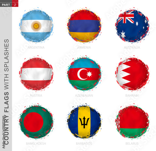 Flag collection, round grunge flag with splashes. 9 vector flags.