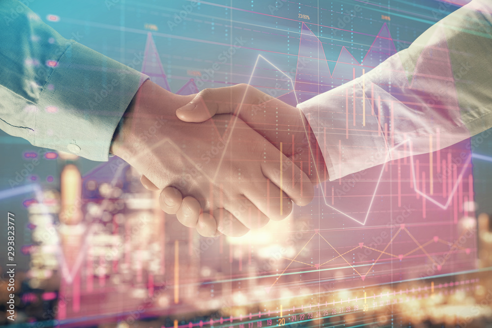 Double exposure of financial chart on cityscape background with two businessmen handshake. Concept of financial analysis and investment opportunities Double exposure of financial chart on cityscape background with two businessmen handshake. Concept of financial analysis and investment opportunities