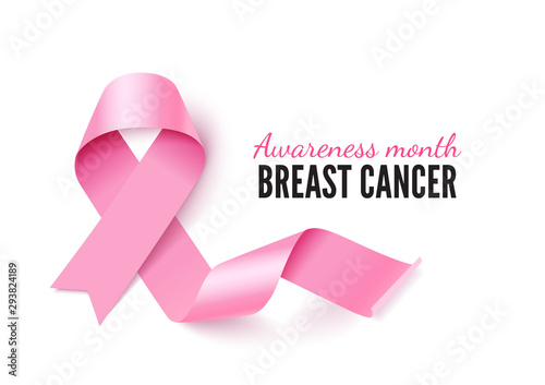 Breast cancer banner template with realistic pink ribbon. October awareness month poster design with lettering. Oncological disease solidarity. Women health 3d vector symbol isolated on white