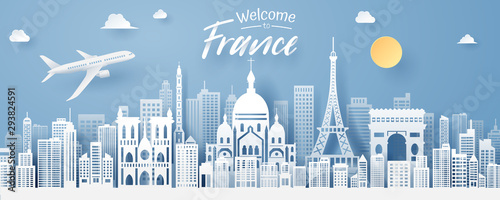 Paper cut of France  landmark, travel and tourism concept.