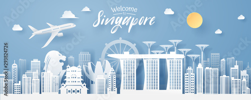 paper cut of singapore landmark, travel and tourism concept. photo