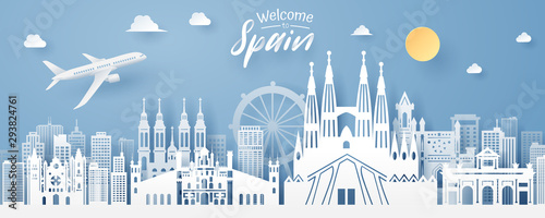 paper cut of spain landmark, travel and tourism concept.