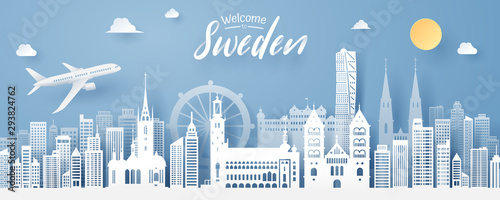 paper cut of sweden landmark, travel and tourism concept.