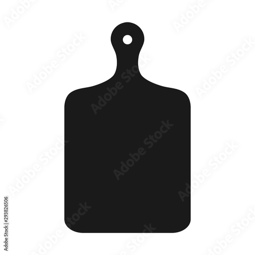 Cutting board icon on white background. Black wooden kitchen board symbol. Chopping board silhouette. Empty wood plank. Kitchen equipment, utensils, kitchenware. Cooking concept. Vector illustration.
