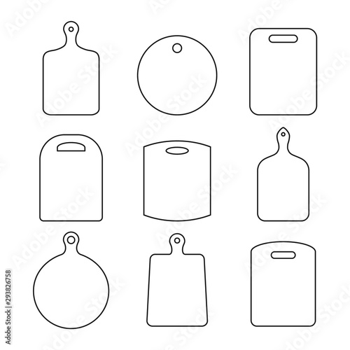 Set of wood cutting board outlines on white background. Empty black kitchen board line icon collection. Different shape chopping board symbols. Kitchen equipment, utensils, kitchenware. Vector, flat.