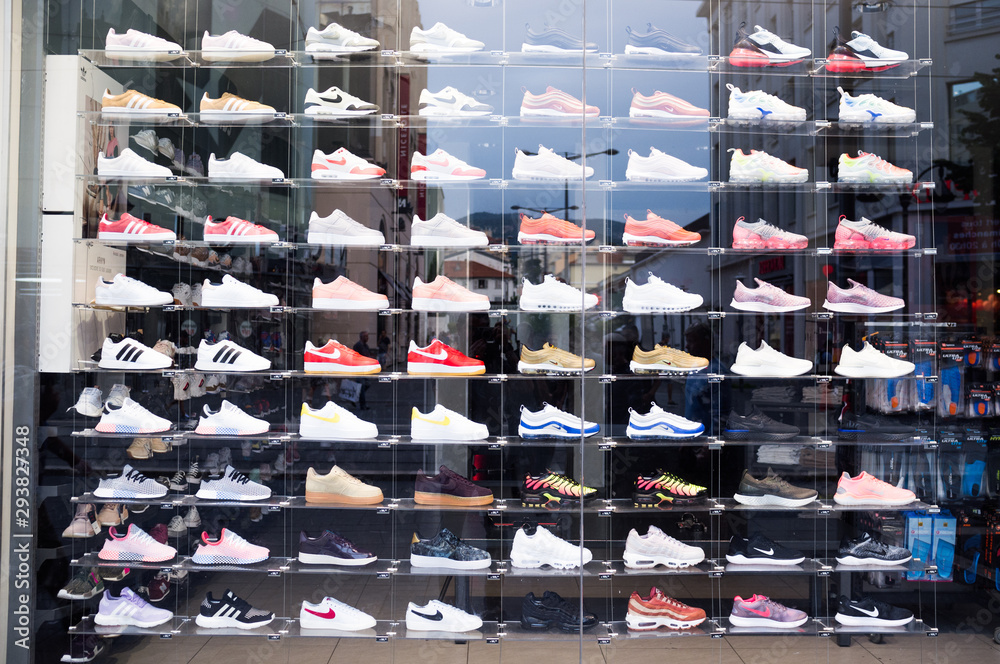 NICE, FRANCE-JUNE 04,2018: footlocker shop window with a row of nike shoes  Stock Photo | Adobe Stock