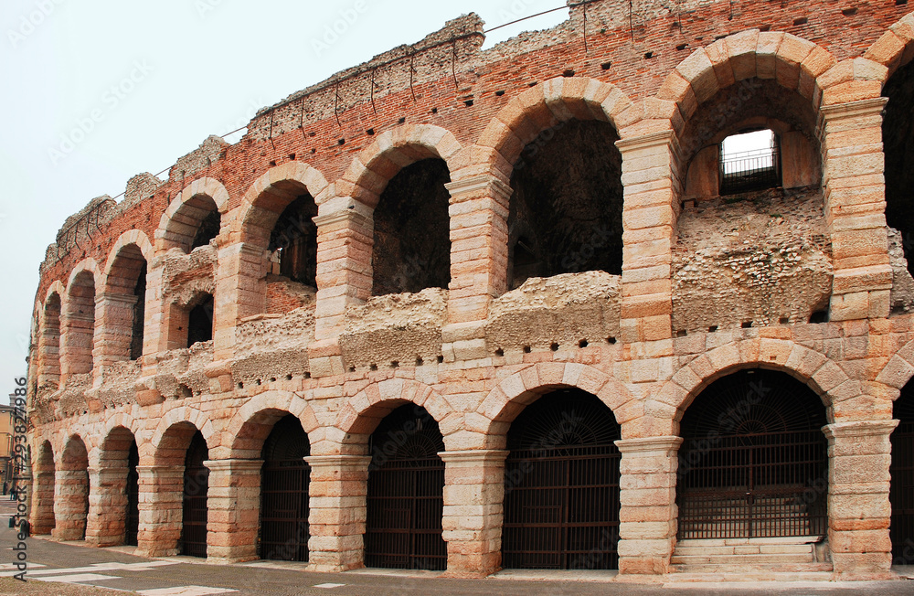 The Roman arena in Verona, Italy, built in 30AD and now famous for its large scale operas, which has a pink and white limestone facade. The city has been awarded UNESCO World Heritage Site status