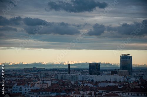 Lyon City sunset and the alps