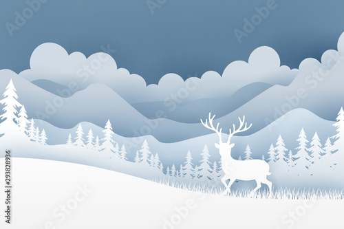 Christmas and deer in forest with snow in the winter season.