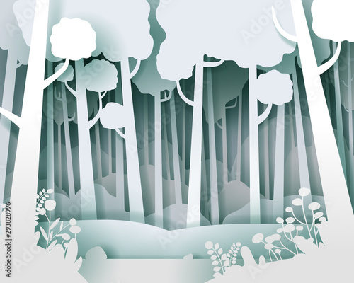 Vector landscape with pine forest. Background of paper cut style