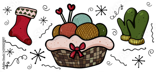 Vector illustration with knitting needle, knitting. Sewing tools. Cozy Home. - Vector. Vector illustration