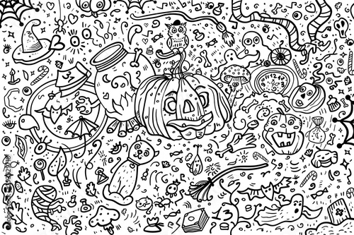 Collection and set banner. Coloring book or page for Halloween. Cartoon ghosts  bats and pumpkins at night. - Vector. Vector illustration