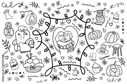Couple in love. Gentle hugs. Attachment. Coloring page adult and kids. Romance, comfort. Man and woman love each other. Cozy. Hygge - Vector. Vector illustration