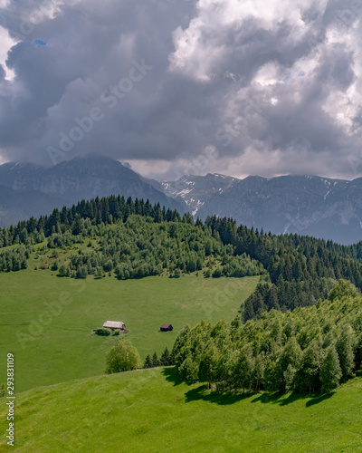 Mountain Range and Peaks with Old Shacks