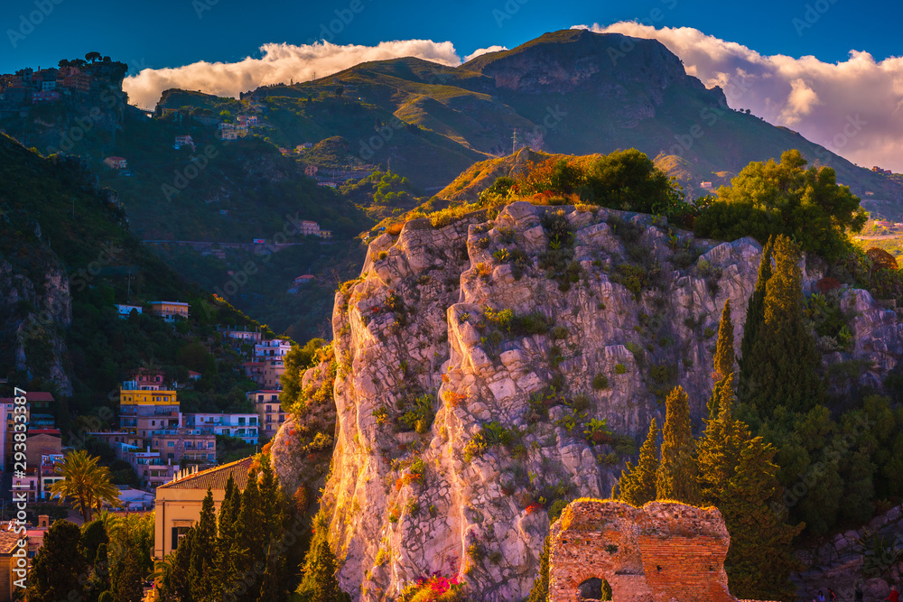 A panoramic view of Taormina, Giardini Naxos and Mount Etna, in Sicily, Italy.
