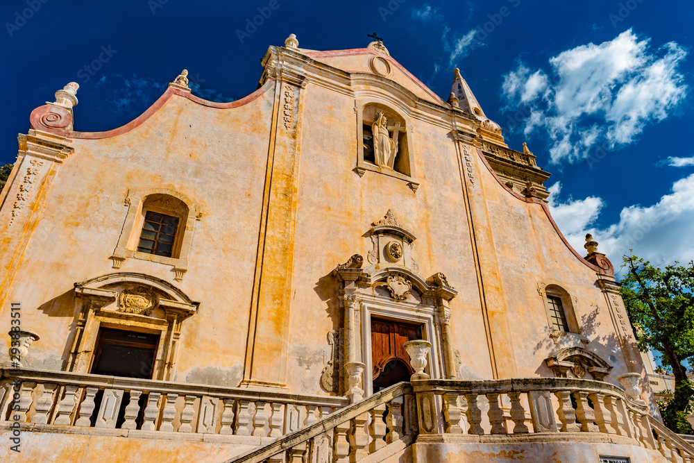 Detail of beautiful San Giuseppe Church on Piazza IX Aprile square in the city center of Taormina, Sicily, Italy.