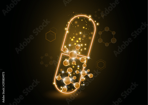 Abstract neon capsule, pill with molecules. The concept of medicine, healthcare, pharmacy and modern science.