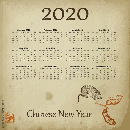 Chinese new year 2020 year of the rat vector illustration. Sketch rat and beans on old paper background and asian elements with craft style. Calendar of chinese year 2020. photo