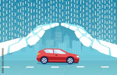 Vector of a car being safeguarded by smart artificial intelligence, robot hands