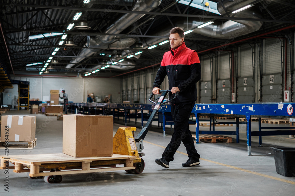 Obraz premium Warehouse worker with a pallet rack