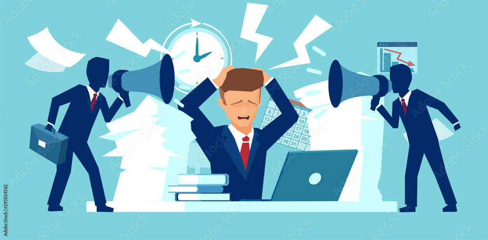 Vector of a stressed employee being pressured by boss about approaching deadline. Vector of a stressed employee being pressured by boss about approaching deadline.