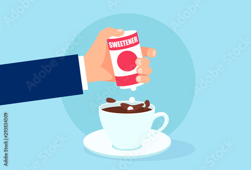 Vector of a hand with box sweetener adding tablets to cup of coffee