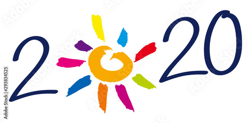 Carte de vœux 2020 avec un soleil aux rayons multicolores à la place du zéro. Symbole d’une belle année en perspective.
