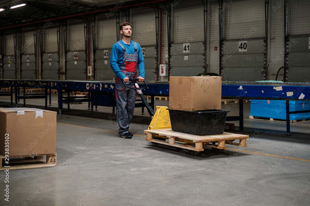 Warehouse worker with a pallet rack Warehouse worker with a pallet rack