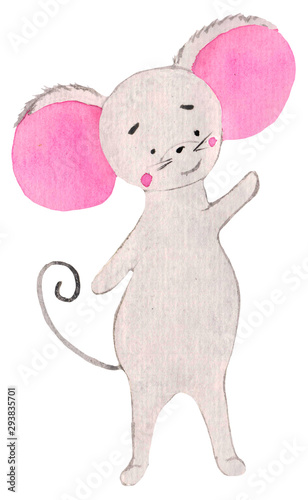 little cute mouse with pink ears waving paw. funny character, watercolor for prints, design, postcards, posters. symbol of the year