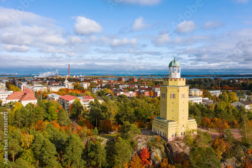 Kotka, Finland - October 02, 2019: Kotka. Finland. Haukkavuori Lookout Tower. Bird's-eye view. photo