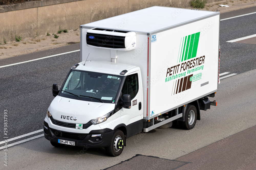 FRANKFURT AM MAIN, GERMANY - September 22, 2018: Petit Forestier van on  motorway. Petit Forestier ist the European leader in refrigerated vehicle  and container rental. Stock Photo | Adobe Stock