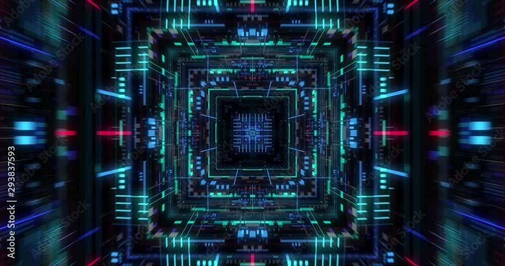 Quantum computer environment with digital technology, processing unit of an advanced Artificial intelligence. Flight through flow of digital information tunnel / cloud computing. loop / 3D render