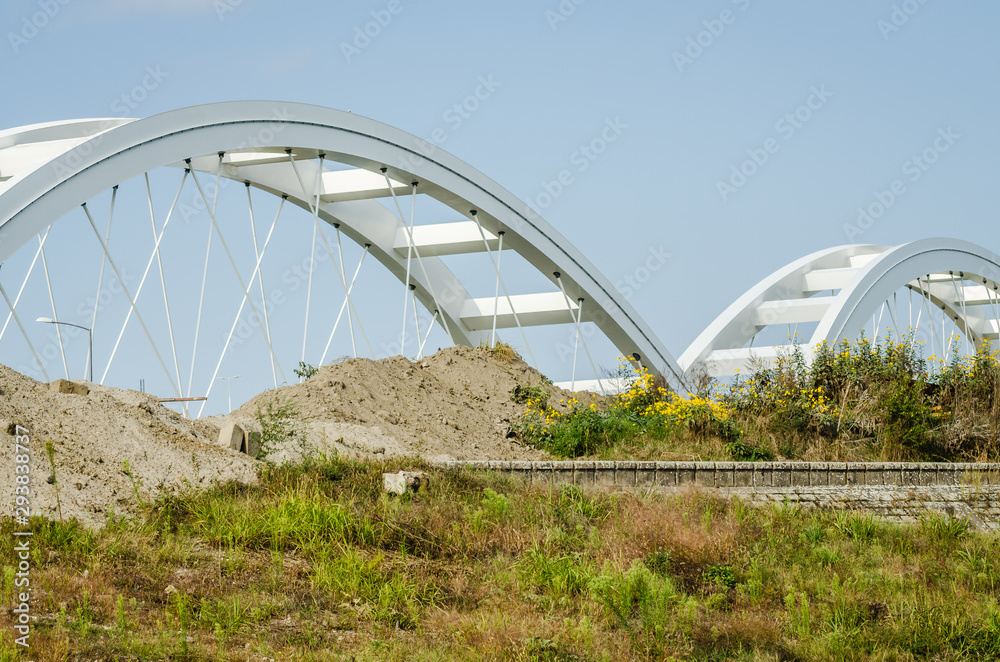 Novi Sad, Serbia - July 17. 2019: Zezelj bridge on river Danube in Novi Sad Serbia Novi Sad, Serbia - July 17. 2019: Zezelj bridge on river Danube in Novi Sad Serbia