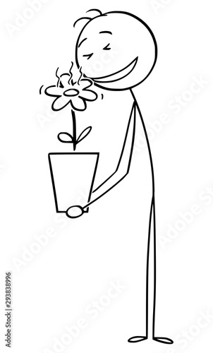 Vector cartoon stick figure drawing conceptual illustration of man enjoying smelling to beautiful flower in plant pot.