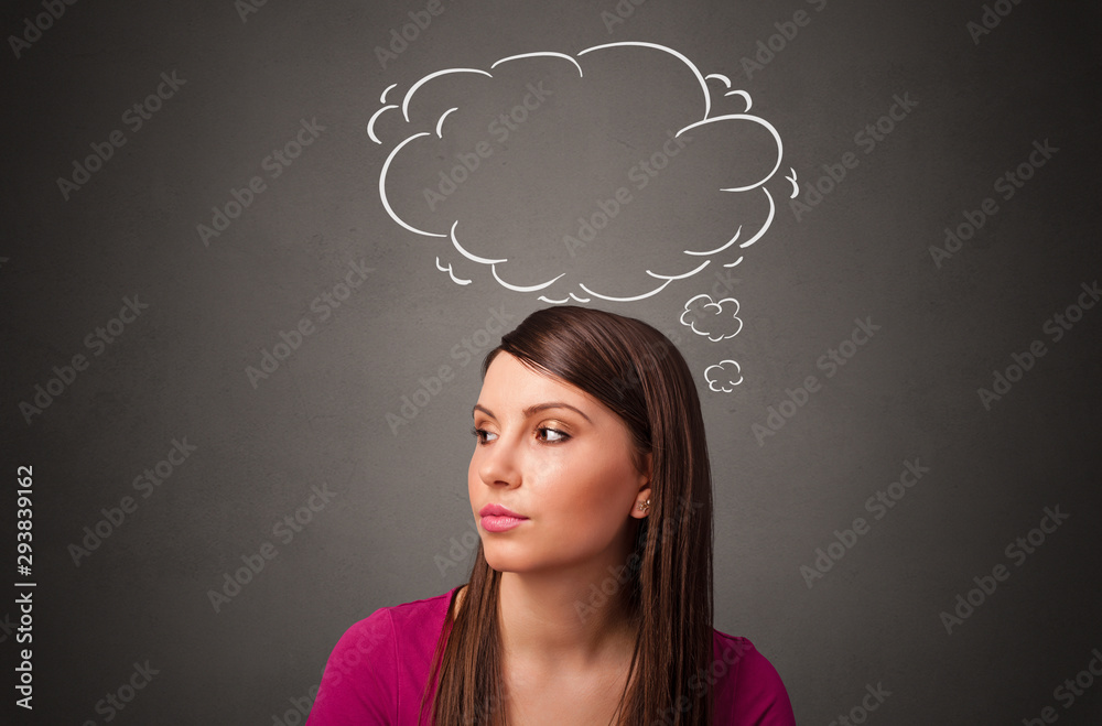 Pretty girl thinking with speech bubble above her head Pretty girl thinking with speech bubble above her head