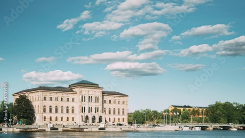 Stockholm, Sweden. National Museum Of Fine Arts Is The National Gallery Of Sweden, Located On The Peninsula Blasieholmen. Touristic Pleasure Boats Floating Near Nationalmuseum In Sunny Summer Day photo