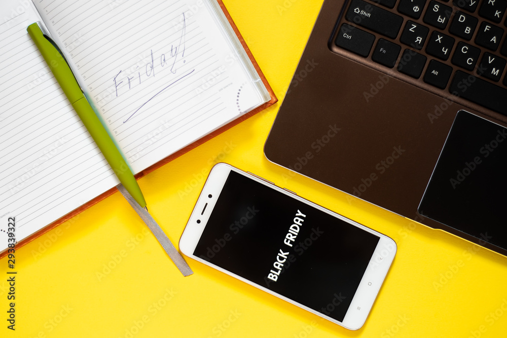 Black Friday layout computer phone watch pen Notepad. Black Friday layout computer phone watch pen Notepad.