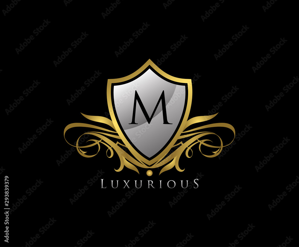 Fototapeta premium Luxury Gold Shield M Letter Logo Icon. Elegant M Letter Icon.