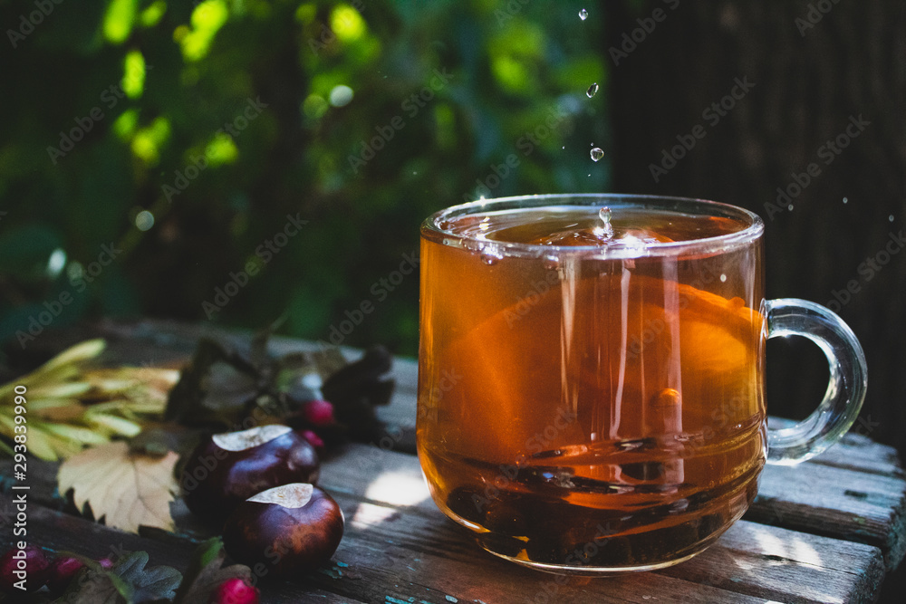 Autumn composition with a transparent cup of tea and lemon. On a natural background. close-up. Autumn composition with a transparent cup of tea and lemon. On a natural background. close-up.
