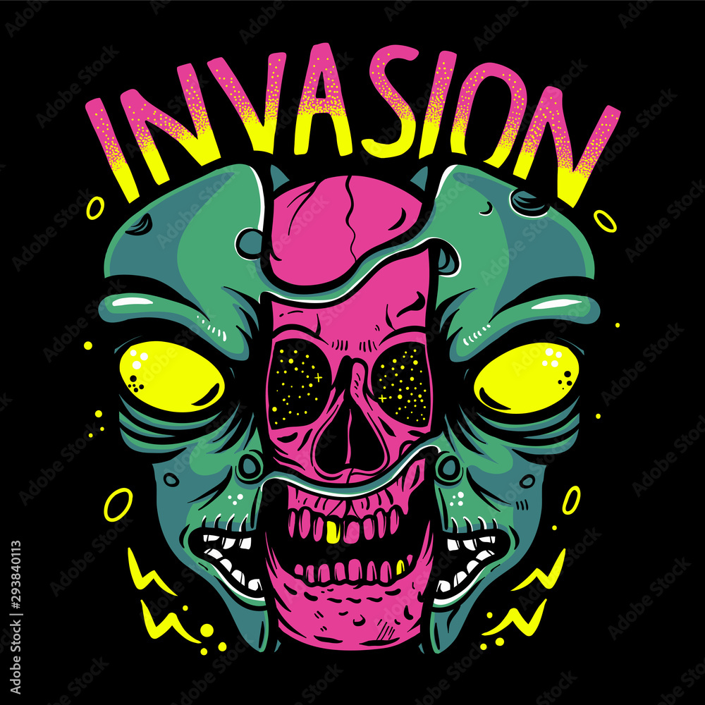 Skull inside alien head vector illustration. Pink skull, Alien Invasion for  t-shirt design, poster, sticker or emblem Stock-Vektorgrafik | Adobe Stock