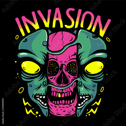 Skull inside alien head vector illustration. Pink skull, Alien Invasion for t-shirt design, poster, sticker or emblem