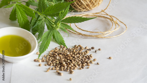 Hemp products concept. Cannabis seed oil, skein and green plant
