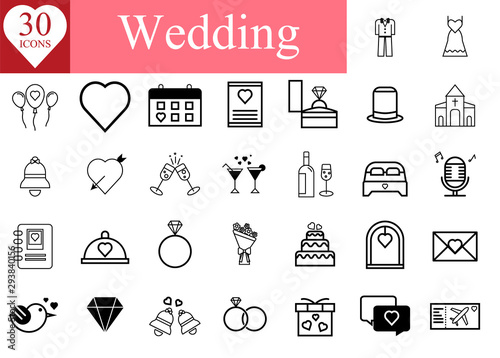Wedding Icon set, Marriage, Engagement, Ring, Love, Celebration, Bridal dress, Wine Bottle, Vector Illustration collection