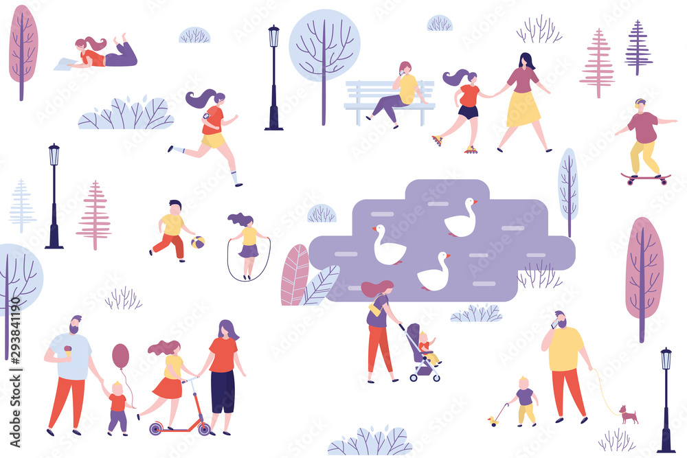 Various people in the park,human characters active lifestyle,recreation area,couples and families with children Various people in the park,human characters active lifestyle,recreation area,couples and families with children