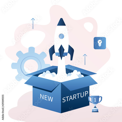 Open box and from it the rocket takes off. Startup or new idea concept.