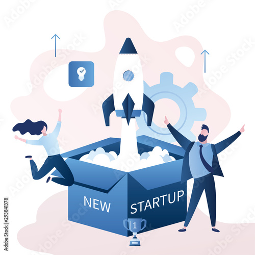 Open box and from it the rocket takes off. Happy business people. Startup or new idea concept