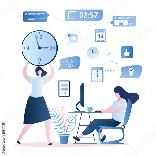 Time management and deadline concept, girl employee on workplace and businesswoman boss with big watch