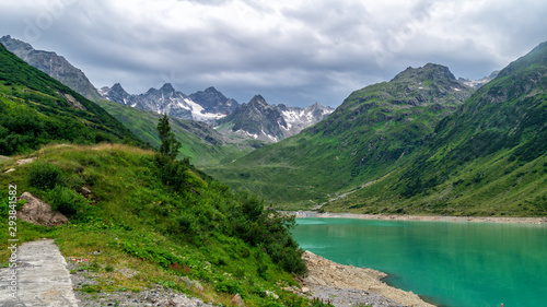 Mountain landscape and lake Vermunt along Silvretta High Alpine Road, Austria photo