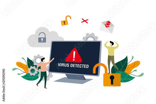 Fototapeta Naklejka Na Ścianę i Meble -  Alert message of virus detected, identifying computer virus, hacking security with small people concept vector flat illustration, suitable for background, landing page, ui, ux