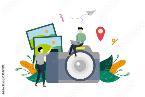 Photography industry, photography courses flat illustration with big camera and small people concept vector template, suitable for background, landing page, advertising illustration